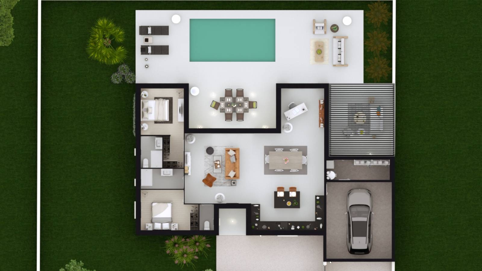 Construction d’une maison neuve de plain-pied avec piscine, garage et terrasse paysagée à Salles en Gironde 33770