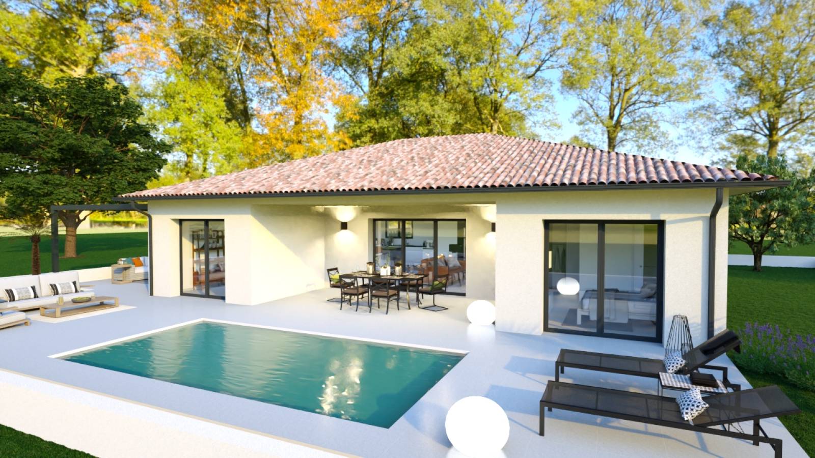 Construction d’une maison neuve de plain-pied avec piscine, garage et terrasse paysagée à Salles en Gironde 33770