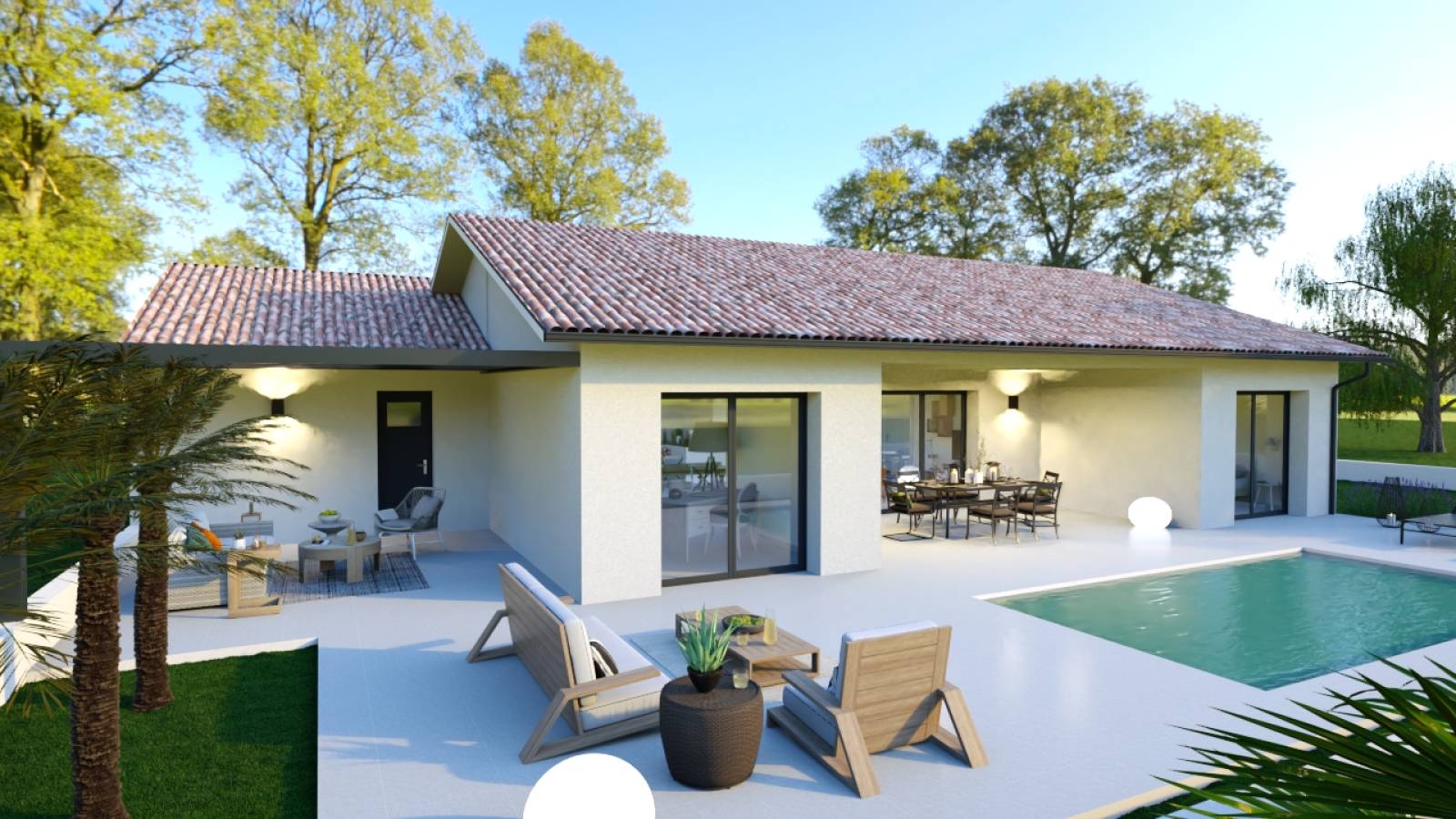 Construction d’une maison neuve de plain-pied avec piscine, garage et terrasse paysagée à Salles en Gironde 33770