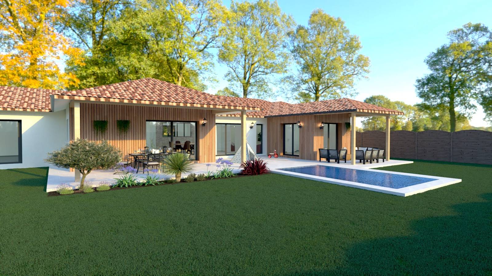 Maison neuve de plain-pied avec piscine, bardage bois et patio ombragé à La Teste-de-Buch proche Bassin d’Arcachon