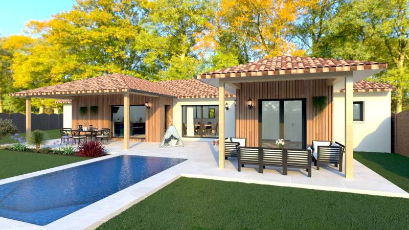 Maison neuve de plain-pied avec piscine, bardage bois et patio ombragé à La Teste-de-Buch proche Bassin d’Arcachon